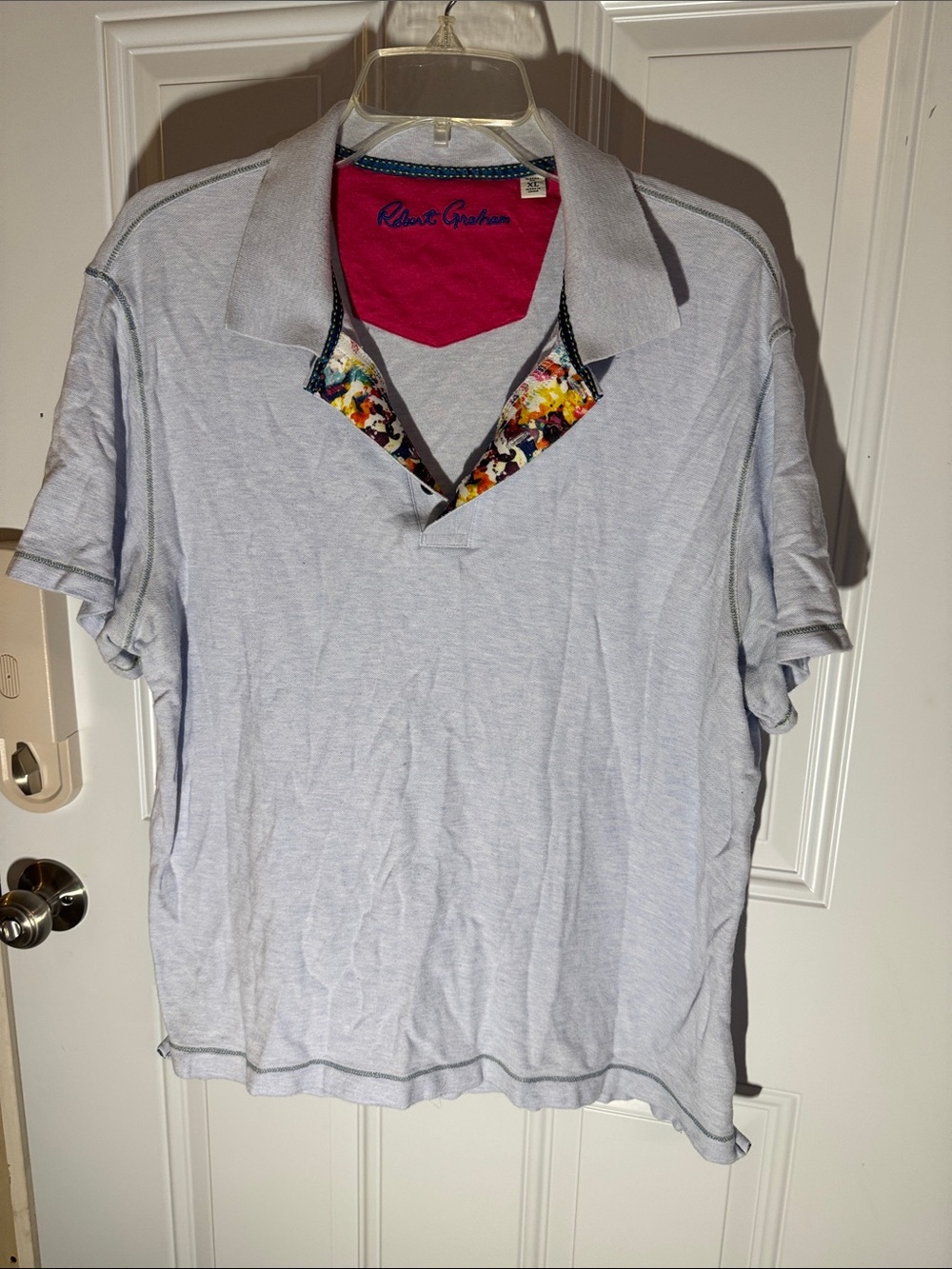 Robert Graham Light Blue Polo with Pink Inner Collar and Floral Trim